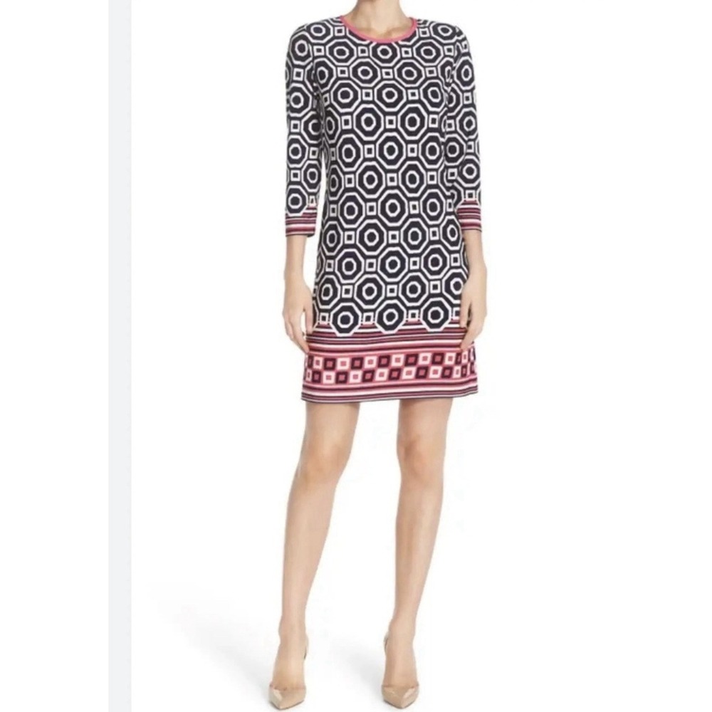 Eliza J Geometric Shift Sheath Midi Dress 10 P Navy Pink Coastal Resort Preppy
